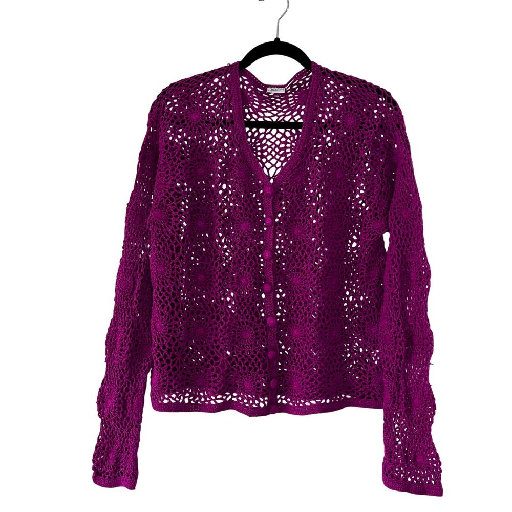 Vintage 1990s Haband Purple Crochet Cardigan Sweater Cottagecore Floral Knit L
